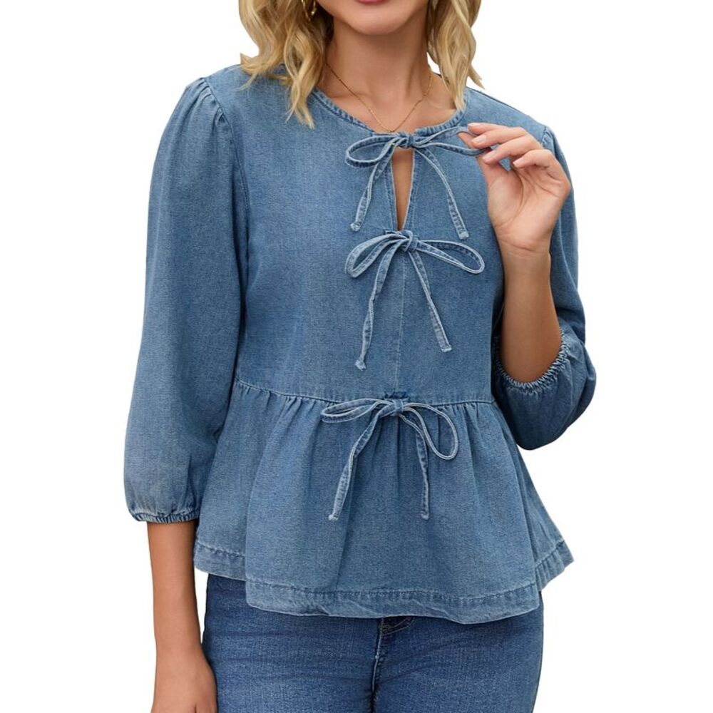 Women's Tie Front Peplum Denim Tops Babydoll Jean Blouse Blue